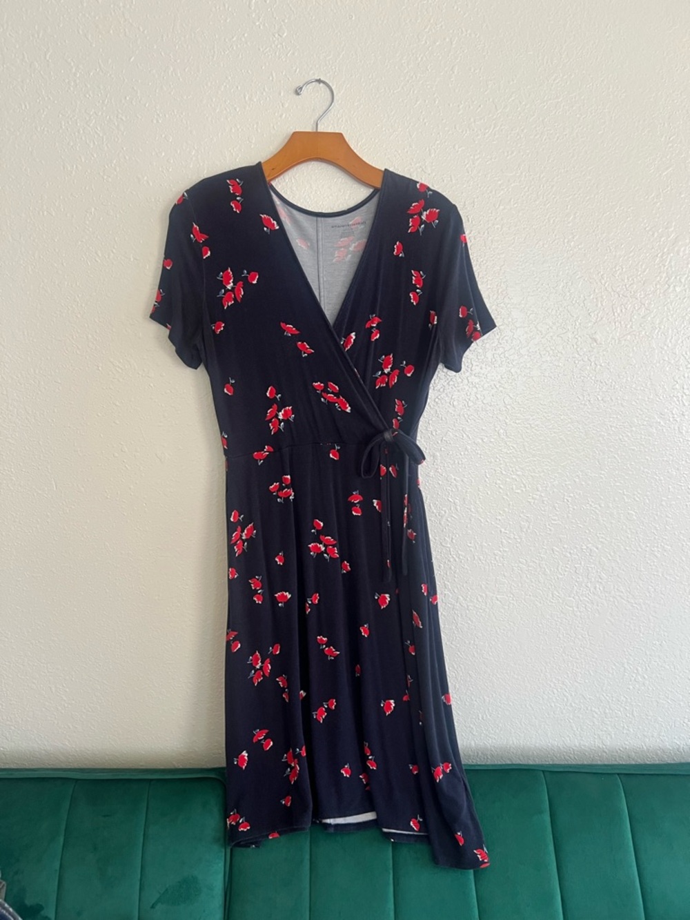 Navy Blue Wrap Dress with Red Floral Print